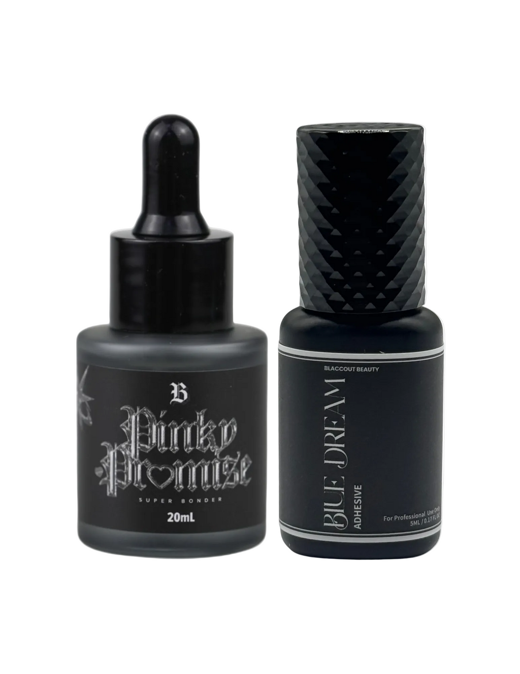 Two black cosmetic bottles on a white background: a dropper bottle labeled 'Pink Promise' and a textured cap bottle labeled 'Blue Dream'.