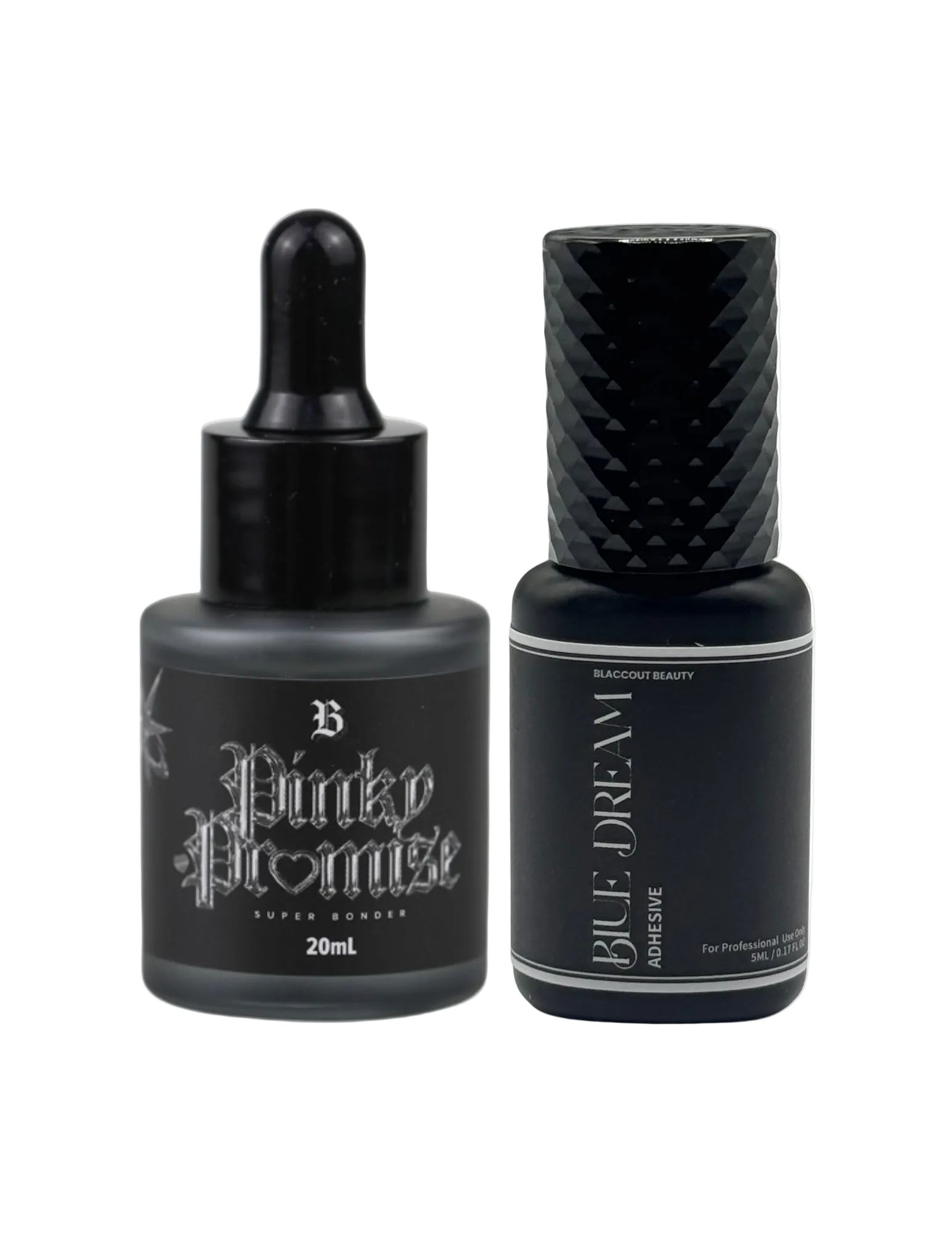 Two black cosmetic bottles on a white background: a dropper bottle labeled 'Pink Promise' and a textured cap bottle labeled 'Blue Dream'.